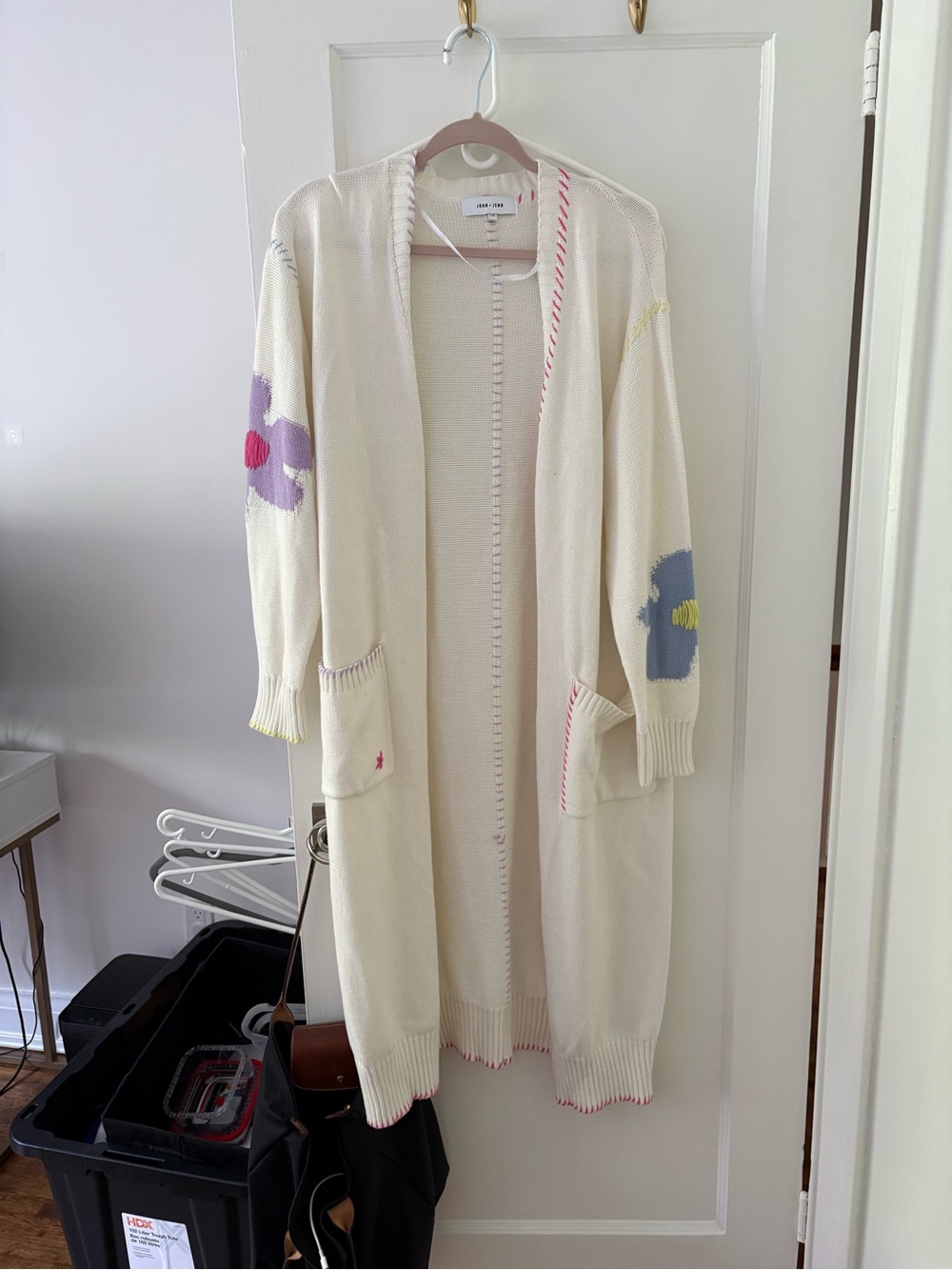 John and Jenn Cream Long Open-Front Floral Sleeve Cardigan